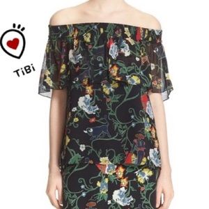 Tibi 100%silk Off Shoulder Floral Top Black Sz S